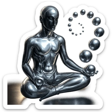 Add a glowing aura around the reflective chrome silhouette of the meditating person and the spiral of spheres, keep the style highly metallic, no background. sticker