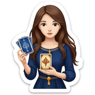 A girl with long hair, in a dark blue dress holds tarot cards in her hands sticker