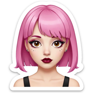Pink haired white woman with bangs , brown eyes with big black eyeliner and false lashes, dark red lips with a lip piercing sticker