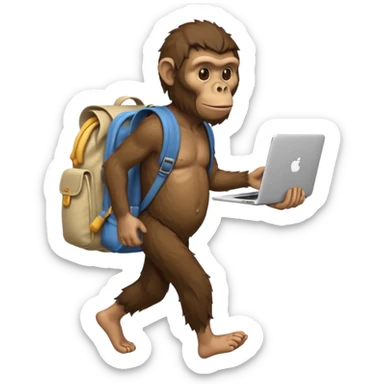 Draw an Australopithecus walking like a nomad, carrying a cloth bundle on its back, holding an iPhone in one hand and an open laptop with the screen visible in the other hand, in a cute flat iPhone emoji style. sticker