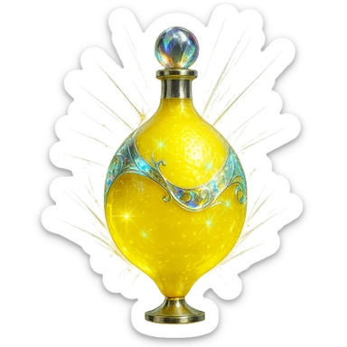 modernus prabangus eliksyro buteliukas, citrinos forma, ryški geltona spalva, holografiniai ir sidabriniai ornamentai, stiprūs magiški švytėjimai ir efektai, labai mažas kaklelis, skaidrus fonas, vientisas dugnas, be šešėlio, plūduriuoja ore, kolekcijos stilius sticker