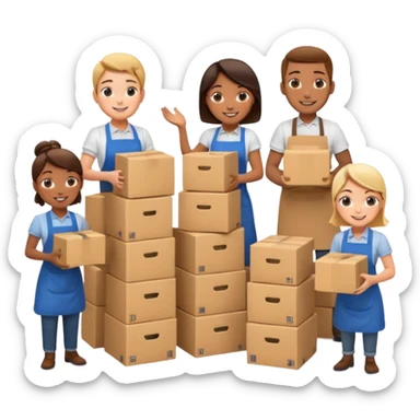 Generate a realistic emoji-style icon workers in a stoage room being efficient while packing sticker