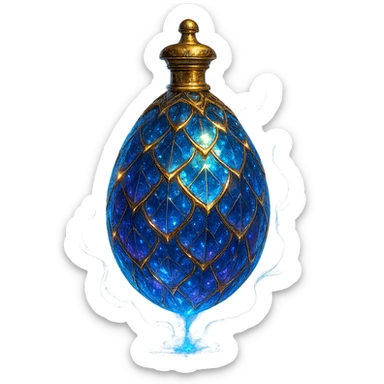 luxurious crystal elixir bottle in an oval shape resembling a dragon egg, with magical scale patterns on the surface, lots of glowing highlights, edges, and ornate golden details, magical effects, very small golden neck, transparent background, beautiful merging base, clearly hanging in the air without base or shadow, premium class impression, magical and mysterious design fitting a collection of crystal, luxurious, magical bottles sticker