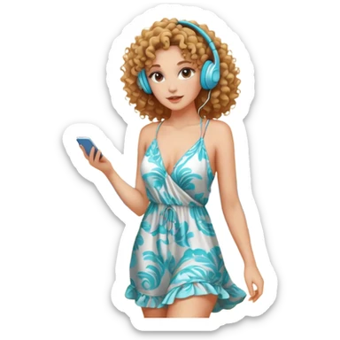 a woman with curly hair, wearing earphones, wearing a sexy beach dress sticker