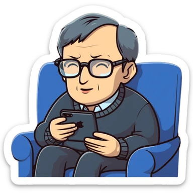 Stephen Hawking with glasses sitting on a couch playing a mobile phone game sticker