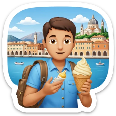 Italian tourist with backpack, eating gelato, looking at a city map sticker