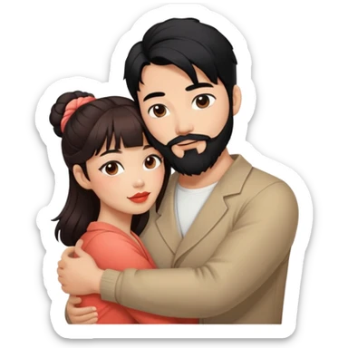 cool handsome asian man with black hair tied in bun and beard, hugging cute woman with tan skin and long wavy reddish brown hair with bangs and coral lipstick sticker