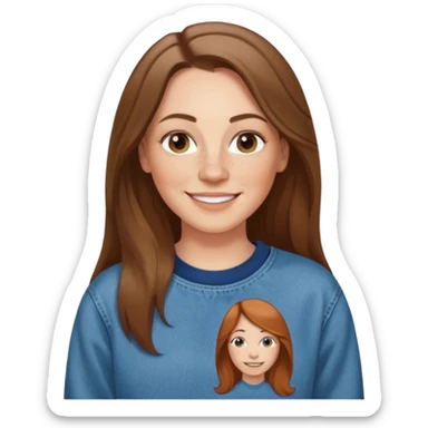 A 38 year old white woman with long brunette hair parted in the middle. She has a nose ring. She has freckles and is wearing a sweatshirt and jeans smiling sticker