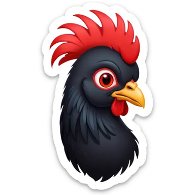 Cinematic Cute Black Rooster Portrait Emoji, Head tilted playfully and inquisitively, featuring a glossy, immaculate black plumage with a vibrant red comb, round, sparkling eyes filled with curiosity, Simplified yet irresistibly adorable features, highly detailed, glowing with a warm, friendly glow, high shine, affectionate and spirited, stylized with a touch of farmyard whimsy, bright and endearing, soft glowing outline, capturing the essence of a mischievous yet loving rooster, so playful it feels like it could strut out of the screen and into your arms! sticker