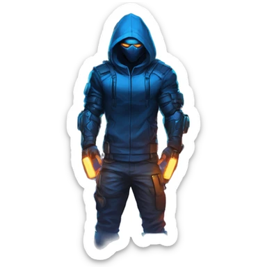 developer behind his laptop with this style : crysis Cyberpunk Riot Games Valorant neon glowing bright blue character blue black hooded assassin themed character sticker
