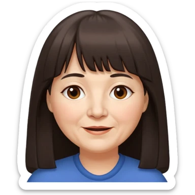 60 yr old woman, long hair down back, very small brown eyes, long hair, straight dark brown hair, bangs, chubby, long face, very tired but happy sticker