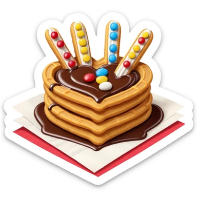 Add chocolate drizzle and m&ms on top of the crispy golden churros, put then on a shape paper sticker