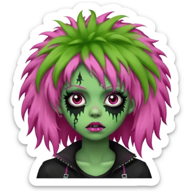 girl, green zombie,pink afro, long, emo, shaggy, dark, spooky,creepy expression sticker