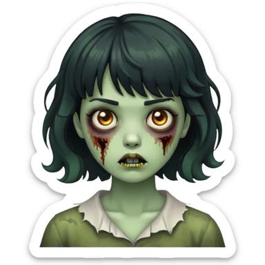 zombie girl with short wavy hair and black bangs, greenish skin sticker