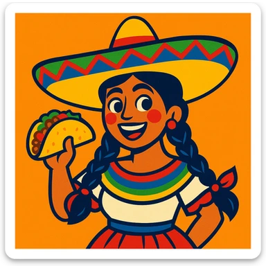 Mexican woman with braided hair, traditional clothing, sombrero, holding a taco, lively expression sticker