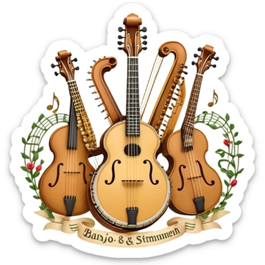 Design a complex and festive emblem-like emoji representing plucked string instruments, such as a banjo, mandolin, domra, sitar, and similar instruments. The composition should resemble a heraldic crest, with the instruments arranged symmetrically and gracefully, their necks intertwining with a flowing ribbon of musical notes. The ribbon should weave through the strings and headstocks, symbolizing the harmonious connection between the instruments. Use detailed engraving on the instrument bodies and fretboards to emphasize their craftsmanship. Incorporate rich, celebratory colors like gold, mahogany brown, deep green, and vibrant accents. Add subtle shading and light reflections to create a three-dimensional, polished look. Include ornate elements like swirls, laurel leaves, and decorative flourishes to enhance the festive and professional appearance. The background should be transparent to highlight the emblem as a standalone piece. sticker