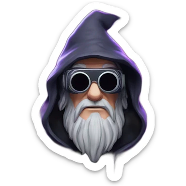 Gandalf wearing a black hoodie with "OMG" letters on it and VR headset in a cyberpunk VR environment with violet neon lighting. sticker