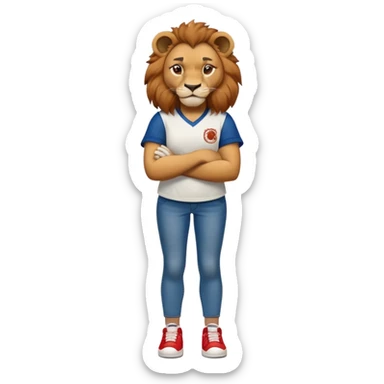 confident anthropomorphised female lion wearing a baseball shirt, jeans, trainers, arms crossed, strong and determined expression sticker