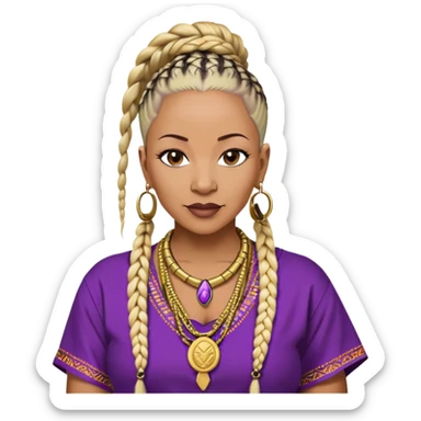 African american 57yr old ,dark chocolate brown  woman who is 5ft 6in with a blonde and black mohawk of individual braids, with low shaved side haircut,
wearing a purple,  dashiki, with an gold  necklace of Draya inscribed,  wearing big gold bamboo earrings in ears with the name engraved of Draya sticker