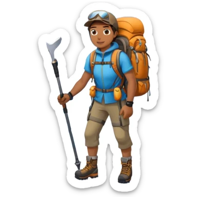 Icon for Mountain Tourism and Climbing: a mountain peak in the background, with a hiker carrying a backpack, an ice axe, and wearing climbing gear. The icon should capture the adventure and challenge of alpine exploration. Transparent background. sticker