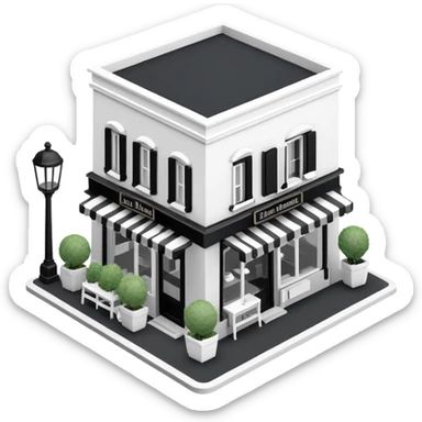 Isometric exterior little black and white French restaurant dollhouse style 3D realistic  sticker