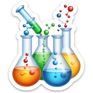 An icon featuring chemical flasks with tubes, representing hydrolysis, along with liquids, powders, and chemical formulas. The design includes molecules and reaction symbols, symbolizing the study of chemical processes and compounds. Transparent background highlights the science of reactions. sticker