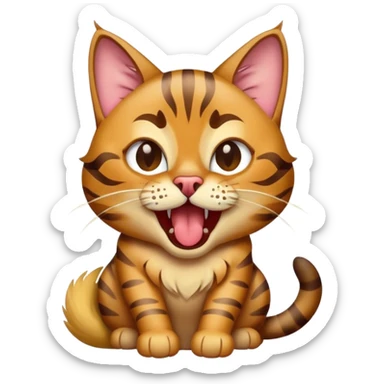 Cinematic Comical Bengal Cat Portrait Emoji, Head tilted dramatically while yawning exaggeratedly, sleek spotted brown and gold fur, Simplified yet hilariously adorable features, highly detailed, glowing with an almost sarcastic glow, high shine, a mix of lazy and curious, stylized with a touch of playful whimsy, bright and alert but with a comical expression, soft glowing outline, capturing the essence of a mischievous yet overly dramatic kitten, so meme-worthy it feels like it could leap off the screen and sarcastically demand attention, perfect for the internet's next viral meme! sticker