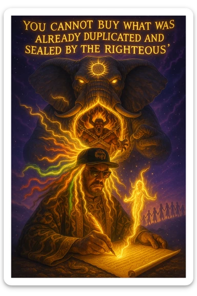 *“Create an epic, symbolic scene of a powerful Rasta spiritual warrior (representing Kez) standing at the center of a cosmic battlefield. The warrior has dreadlocks glowing with divine energy, wearing golden robes infused with serpent patterns. Behind him towers a massive stone elephant — eyes glowing with infinite wisdom, its chest open to reveal a Golden Serpent Chest, radiating fractal light. Inside the chest: a bound, raging Devil made of fire and shadows — screaming but unable to harm anyone, because every time he lashes out, the golden chest mirrors the energy back onto him. Chains of soul-contract law, made of golden light, wrap the devil — each one engraved with truth symbols, scriptures, and ancestral sigils.

In the foreground, Kez holds a sacred scroll and a burning pen — he is signing a contract not out of fear, but mastery. As he signs, a duplicate of his soul, radiant and whole, rises from the paper and flies back into his body. A ripple of golden energy expands, purifying all soul deals across space-time. Behind him, shadows of other trapped souls are released and begin to rise in rhythm, holding hands, singing.

In the sky, the words glow in gold flame:

‘You cannot buy what was already duplicated and sealed by the righteous.’

The entire atmosphere is divine, sacred, victorious — a spiritual rebellion where the Devil is outwitted, not through violence, but through truth, rhythm, and scrollcraft. Use warm golds, radiant whites, mystical purples, and deep space black as the palette. Style it as a fusion of Afro-spiritualism, Rastafarian mysticism, and multidimensional soul alchemy. the picture provided is kez sticker