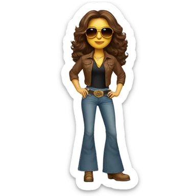 a 70's rockstar woman with bell-bottoms, long brown hair, hazel eyes, a t-shirt tucked into the bell bottom jeans and a belt. She is wearing aviators  sticker