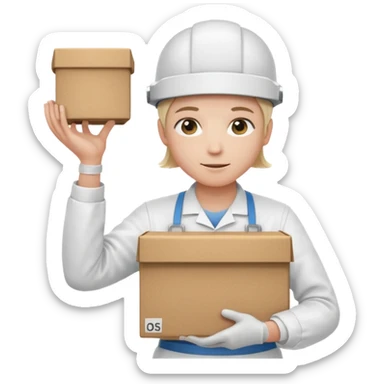 Tengo que dar una capacitacion de orgonomia, necesito un emoji de un operario con casco blanco y delantal blanco de manga larga que levante una caja cerrada con las dos manos a la altura de los hombros. Que tenga un delantal de laboratorio no de coina  sticker