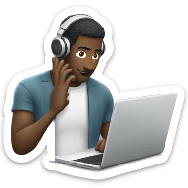 man in headphones talking hold laptop and phone only upper part of body  sticker