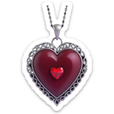 3D emoji gothic heart, black velvet texture, silver chain, blood red gemstone, ornate and dramatic style, smoky aura sticker