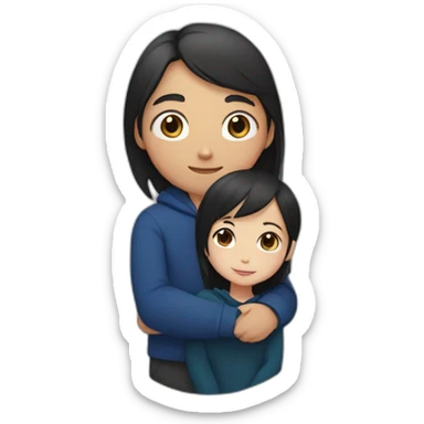 Asian boy with black hair and dark blue hoodie hugging girl with light brown hair and black blouse and silver circle earrings  sticker