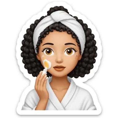 Mixed-race woman with glowing caramel skin and black curly hair, in a white towel wrap, applying face cream in front of a soft pastel background sticker