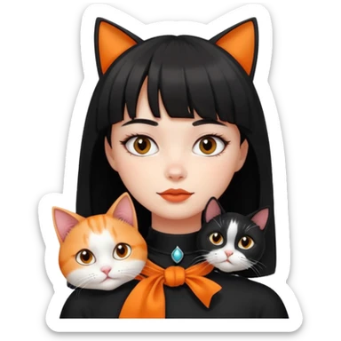 a girl with a short black curtain bangs hair and with her 2 cat color white black cat and orange white cat laying on her neck sticker