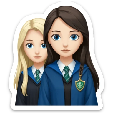 a pretty ravenclaw girl with long dark brown hair and blue eyes standing with a hot Slytherin girl with long blonde hair, blue eyes sticker