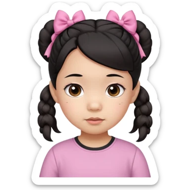 mixed 1 year old girl asian and american with short pigtails and cute bows i dark brown/black hair with big brown eyes emoji in a pink shirt sticker