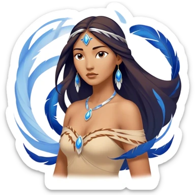 Cinematic Elegant Pocahontas Portrait Emoji, Standing serenely with a blue wind swirl around her, soft feathers in her hair, a tranquil yet powerful gaze, beauty beyond time, an ethereal aura of connection with nature, regal and enchanting! sticker