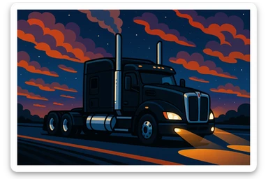 cartoon style black Kenworth T680 Flat Top semi sleeper driving down the highway at night, smoke coming out of chrome stacks, dramatic night sky, headlights on, vibrant and fun sticker