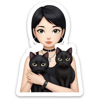 Asian cool girl, black hair, slightly longer than shoulder.  Holding two BLACK cats. one cat has a round fat face, the other one has a slightly slimmer face. Both pure black.  The girl also wearing a black singlet, a black chocker, silver round hook earring, and wearing eyeliner.  sticker
