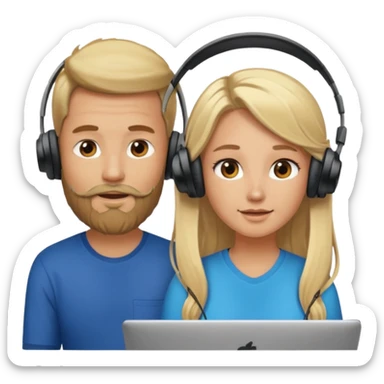 pareja hombre con barba y mujer rubia  pelo largo  charlando en streaming con auriculares sticker