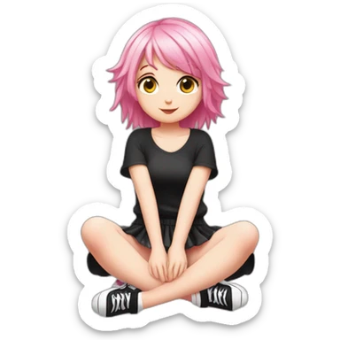 Full body Front view curvy emo girl pink hair sits on the floor straight view hands up black skirt белые трусики рваные полосатые чулки sticker