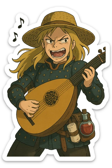A female bard , blond hair, wearing brigandine armor with a sturdy straw hat, playing a fat medieval lute and singing, night time shadows, tool belt with red potion and bandages, mischievous grin, anger sticker
