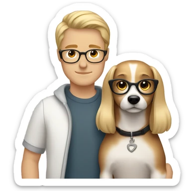 Blonde girl and her white boyfriend with brown hair and glasses cuddling a jack Russell  sticker
