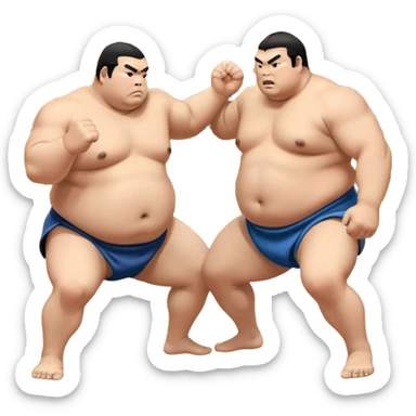 Two sumo wrestlers in a classic dohyo ring, each displaying powerful stances and ready to engage in a fierce match. One wrestler attempts a pushing attack, while the other counters with a thrust. The background shows the traditional sumo arena and spectators. Transparent background. sticker