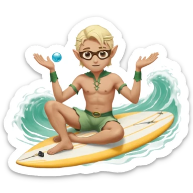 elf male legolas sitting on surfboard (ashore), hands manipulating two orbs of swirling seawater giving a "massage" to his own shoulders, wearing relaxed linen shorts over swimwear, tinted elven sunglasses, pointy ears, content expression, centered emoji sticker