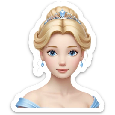 Cinematic Realistic Cinderella Portrait, depicted with lifelike skin texture, subtle rosy undertones, and soft natural lighting that enhances the gentle contours of her face. Her intricately detailed golden blonde hair is elegantly styled in an updo, with delicate wisps framing her face. Her deep, expressive blue eyes radiate warmth and sincerity, reflecting a quiet resilience and grace. She holds a glass slipper gently in one hand, her other hand resting gracefully at her side, emphasizing the timeless beauty of the moment. She is dressed in her iconic ball gown, the fabric shimmering with intricate embroidery and fine translucent layers that catch the light beautifully. The soft sheen of satin gloves adds a magical touch to her graceful pose. The portrait features an enchanting glow with a natural, luminous finish, seamlessly blending realism and fairytale charm to evoke a sense of depth, elegance, and timeless beauty. sticker
