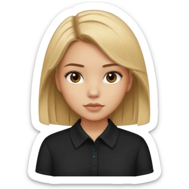 Light skinned girl with dirty blonde hair and deep brown eyes and a black square collared shirt sticker