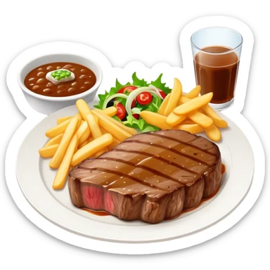 big juicy australian steak meal featuring chips, small salad in a ramiken and gravy  sticker