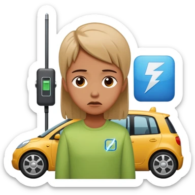 Sad person at low-battery icon next to EV. sticker